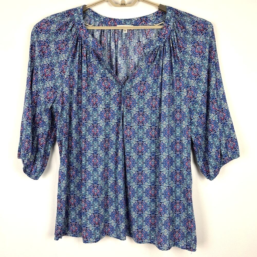 Artisan NY Blue Pink Printed Blouse 3X Boho Rayon 3/4 sleeve